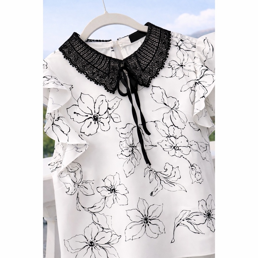 Lux White Flutter Sleeve Blouse with Black Floral Print and Lace Collar!